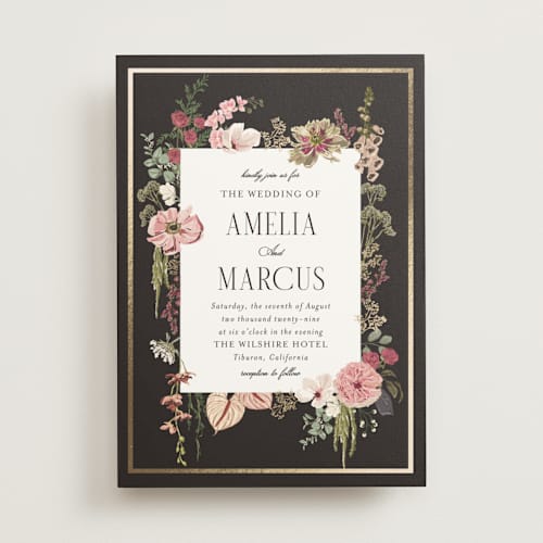 This is a blush foil stamped wedding invitations with foil pressed by Susan Moyal called flouriishing printing on signature in standard