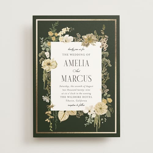 This is a gilded honey foil stamped wedding invitations with foil pressed by Susan Moyal called flourishing printing on signature in standard