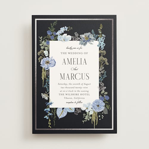 This is a ocean foil stamped wedding invitations with foil pressed by Susan Moyal called flouriishing printing on signature in standard