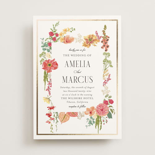 This is a tropical foil stamped wedding invitations with foil pressed by Susan Moyal called flouriishing printing on signature in standard