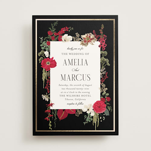 This is a crimson foil stamped wedding invitations with foil pressed by Susan Moyal called flouriishing printing on signature in standard