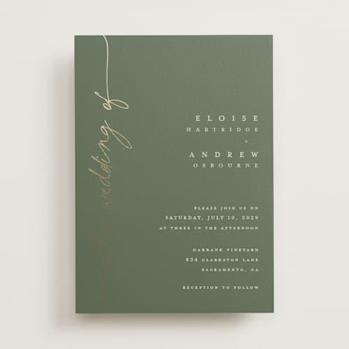 This is a eucalyptus foil stamped wedding invitations with foil pressed by Pippa Shaw called silk printing on signature in standard