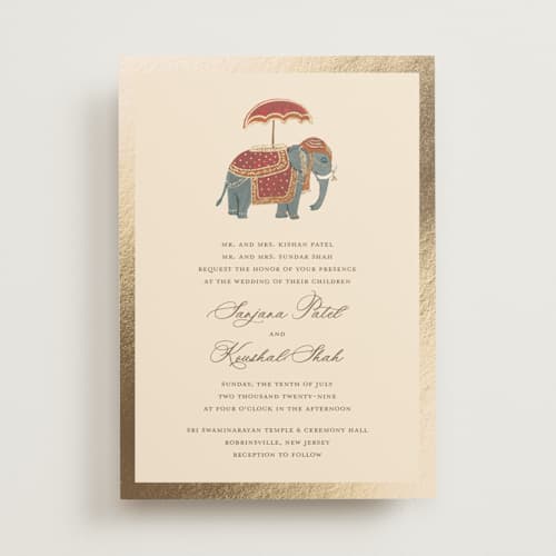 This is a honey foil stamped wedding invitations with foil pressed by Teju Reval called indian elephant printing on signature in standard