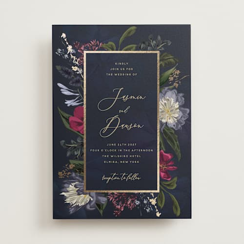This is a jewel foil stamped wedding invitations with foil pressed by Susan Moyal called after midnight printing on signature in standard