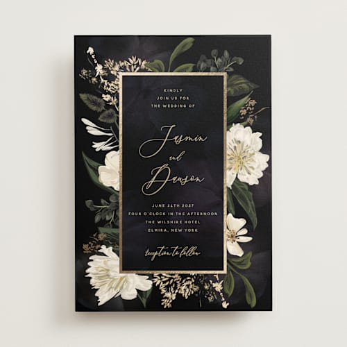 This is a tuxedo foil stamped wedding invitations with foil pressed by Susan Moyal called after midnight printing on signature in standard