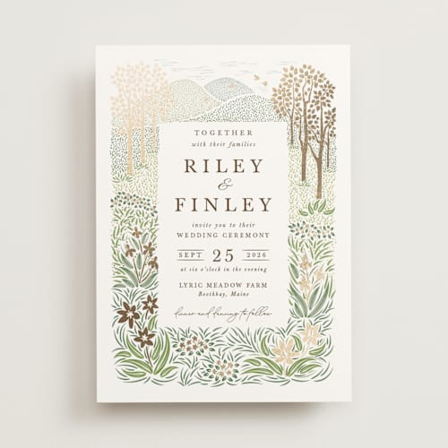 This is a forest foil stamped wedding invitations with foil pressed by Paper Sun Studio called in the country printing on signature in standard