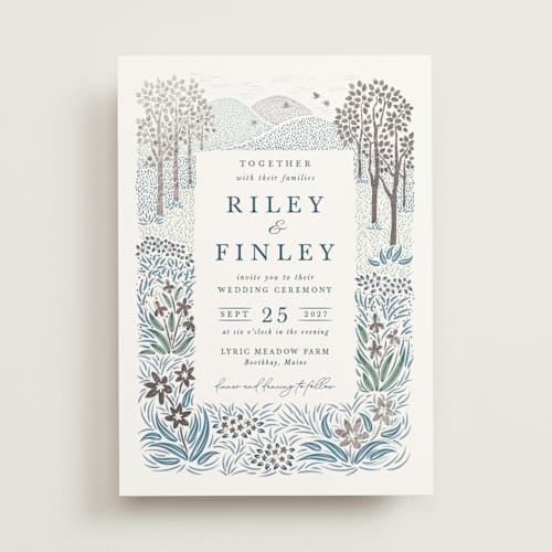 This is a cobalt foil stamped wedding invitations with foil pressed by Paper Sun Studio called in the country printing on signature in standard