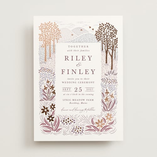 This is a plum foil stamped wedding invitations with foil pressed by Paper Sun Studio called in the country printing on signature in standard
