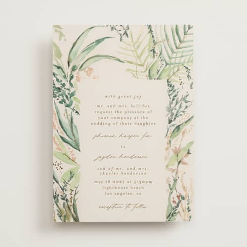 This is a greenery foil stamped wedding invitations with foil pressed by Phrosné Barwood called fresh tropical printing on signature in standard