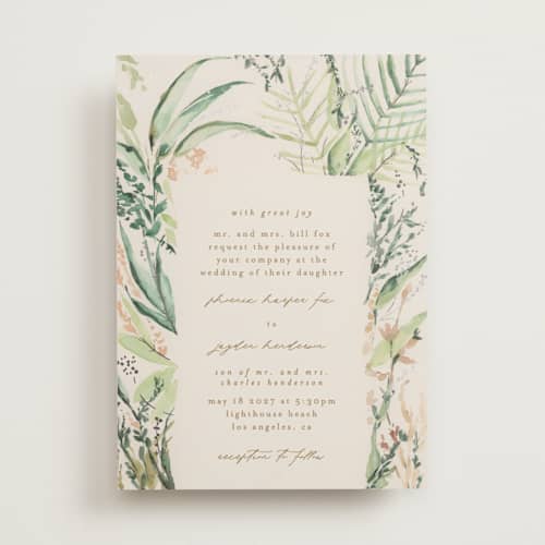 This is a greenery foil stamped wedding invitations with foil pressed by Phrosné Barwood called fresh tropical printing on signature in standard