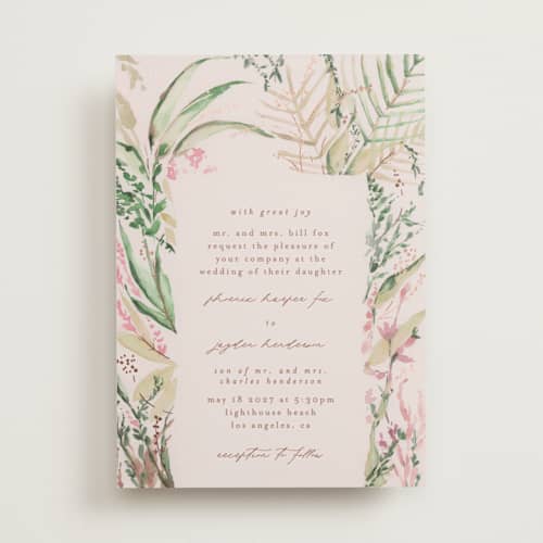 This is a spring foil stamped wedding invitations with foil pressed by Phrosné Barwood called fresh tropical printing on signature in standard