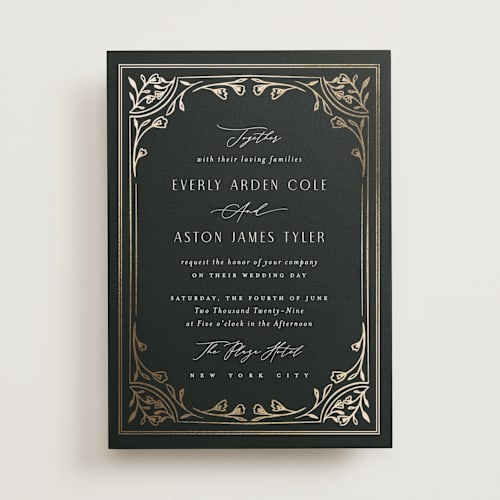 This is a onyx foil stamped wedding invitations with foil pressed by Nicoletta Savod called majesty printing on signature in standard