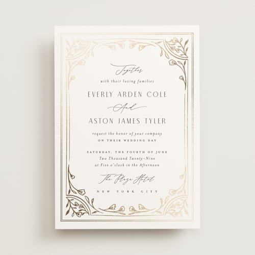 This is a chiffon foil stamped wedding invitations with foil pressed by Nicoletta Savod called majesty printing on signature in standard