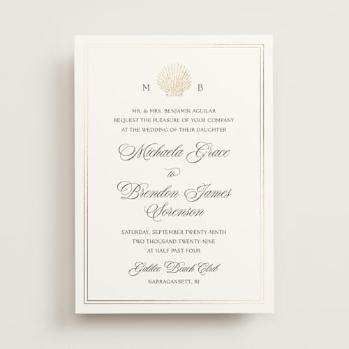 This is a vermeil foil stamped wedding invitations with foil pressed by Griffinbell Paper Co. called seaside printing on signature in standard