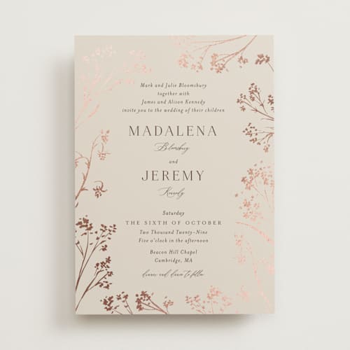 This is a almond foil stamped wedding invitations with foil pressed by frau brandt called shining florals printing on signature in standard