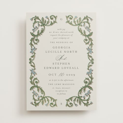 This is a bluebell foil stamped wedding invitations with foil pressed by Jen Owens called grandeur printing on signature in standard