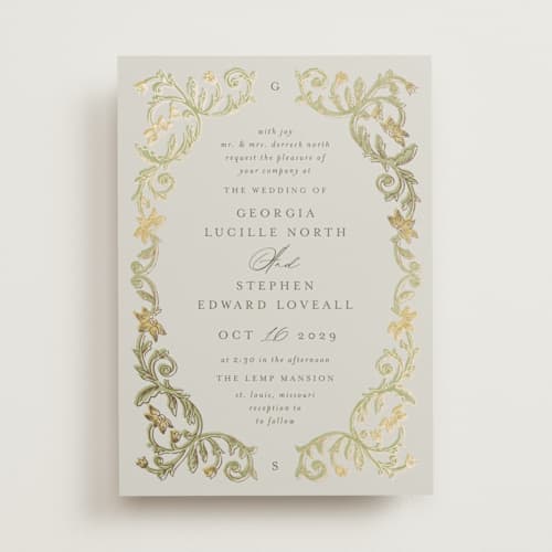 This is a buttercup foil stamped wedding invitations with foil pressed by Jen Owens called grandeur printing on signature in standard
