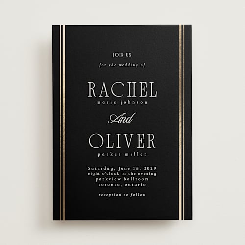 This is a onyx foil stamped wedding invitations with foil pressed by Nicole Walsh called side stripe printing on signature in standard