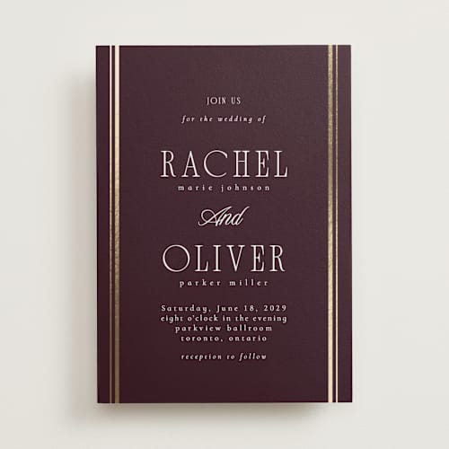 This is a merlot foil stamped wedding invitations with foil pressed by Nicole Walsh called side stripe printing on signature in standard