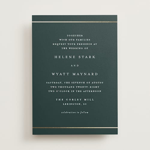 This is a forest foil stamped wedding invitations with foil pressed by Stacey Meacham called style and grace printing on signature in standard