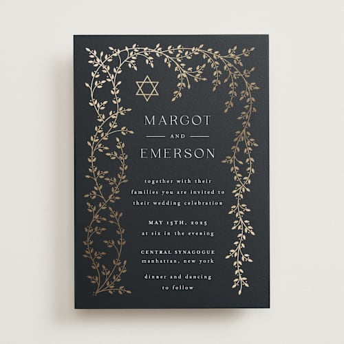 This is a midnight foil stamped wedding invitations with foil pressed by Ana de Sousa called beautiful chuppah printing on signature in standard