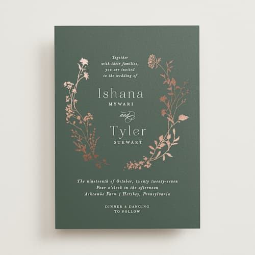 This is a garden foil stamped wedding invitations with foil pressed by Jennifer Wick called queen anne's lace printing on signature in standard