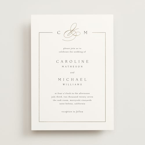 This is a silk foil stamped wedding invitations with foil pressed by Kelly Schmidt called framed monogram printing on signature in standard