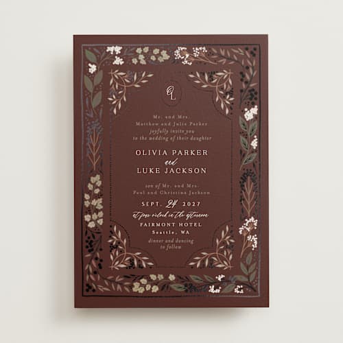 This is a almond foil stamped wedding invitations with foil pressed by Alethea and Ruth called illuminated storybook printing on signature in standard