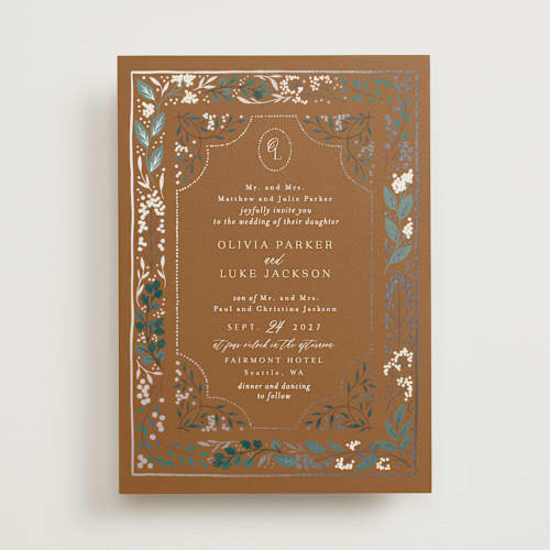 This is a earth foil stamped wedding invitations with foil pressed by Alethea and Ruth called illuminated storybook printing on signature in standard