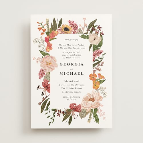 This is a summer foil stamped wedding invitations with foil pressed by Susan Moyal called harmony printing on signature in standard