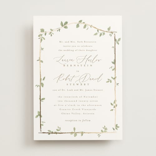 This is a ivy foil stamped wedding invitations with foil pressed by Everett Paper Goods called canopy printing on signature in standard