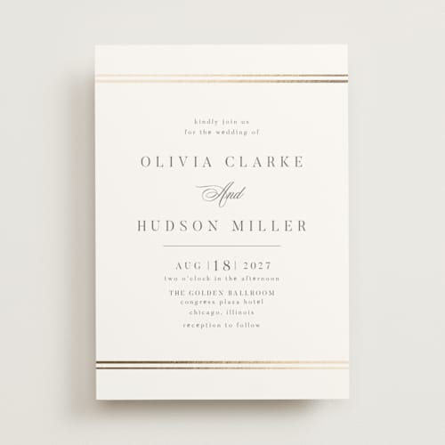 This is a pearl foil stamped wedding invitations with foil pressed by Nicole Walsh called classic elegance printing on signature in standard