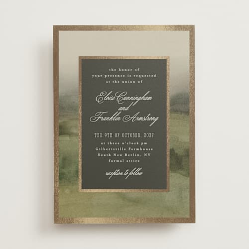This is a graphite foil stamped wedding invitations with foil pressed by Everett Paper Goods called hillside printing on signature in standard