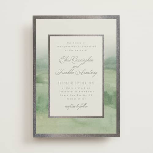 This is a mint foil stamped wedding invitations with foil pressed by Everett Paper Goods called hillside printing on signature in standard