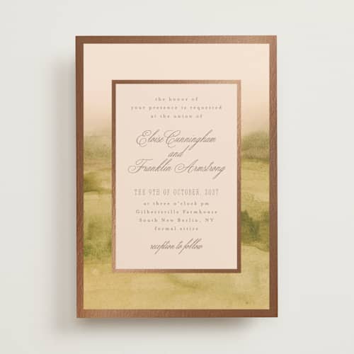 This is a desert blush foil stamped wedding invitations with foil pressed by Everett Paper Goods called hillside printing on signature in standard