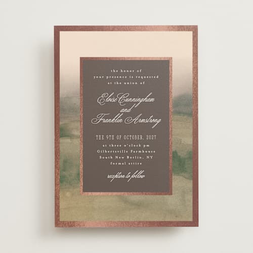 This is a vineyard foil stamped wedding invitations with foil pressed by Everett Paper Goods called hillside printing on signature in standard