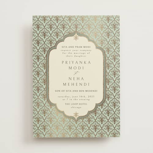 This is a aqua foil stamped wedding invitations with foil pressed by Pati Cascino called aatreya printing on signature in standard