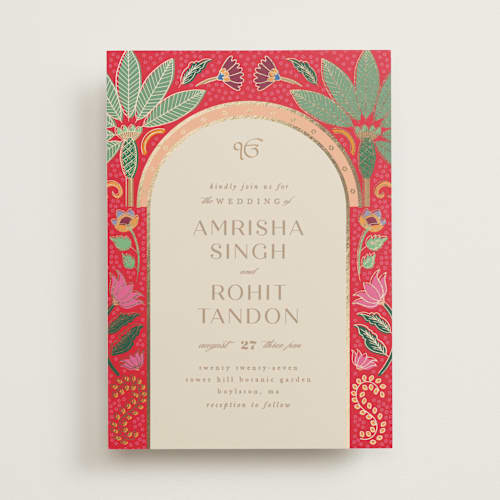 This is a sindoor foil stamped wedding invitations with foil pressed by Creo Study called indian garden printing on signature in standard