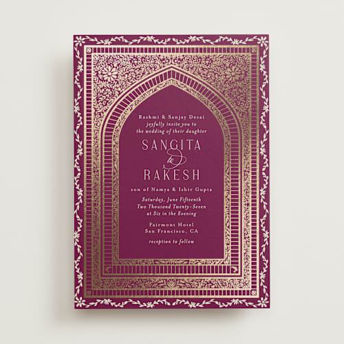 This is a garnet foil stamped wedding invitations with foil pressed by Chris Griffith called amber palace printing on signature in standard