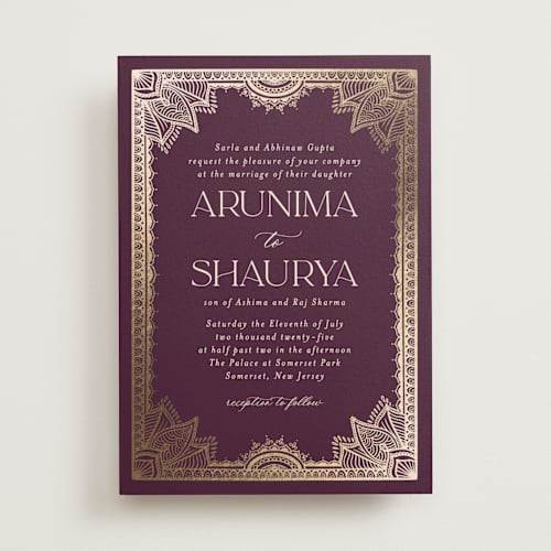 This is a plum foil stamped wedding invitations with foil pressed by Randi Cirelli called arunima printing on signature in standard