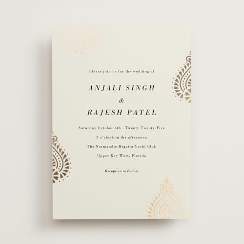 This is a champagne foil stamped wedding invitations with foil pressed by Oma N. Ramkhelawan called henna stamp printing on signature in standard