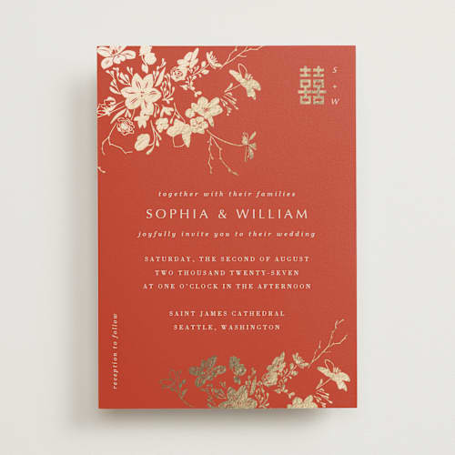 This is a lava foil stamped wedding invitations with foil pressed by Stellax Creative called abstract flora printing on signature in standard