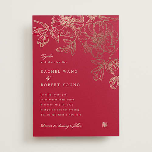 This is a ruby foil stamped wedding invitations with foil pressed by Janean Hinger called double peony printing on signature in standard