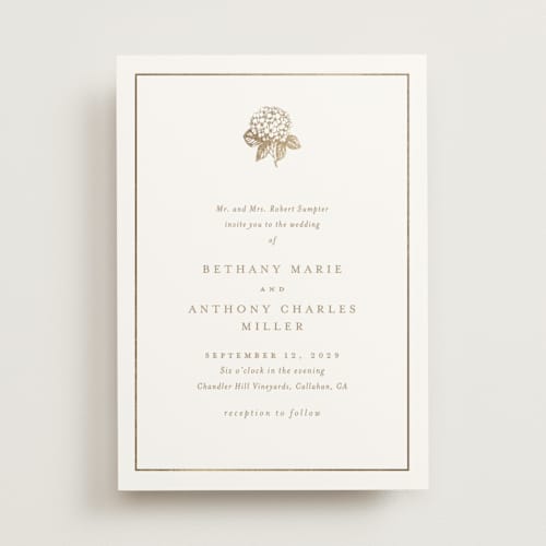 This is a cotton foil stamped wedding invitations with foil pressed by Stacey Meacham called hydrangea bloom printing on signature in standard