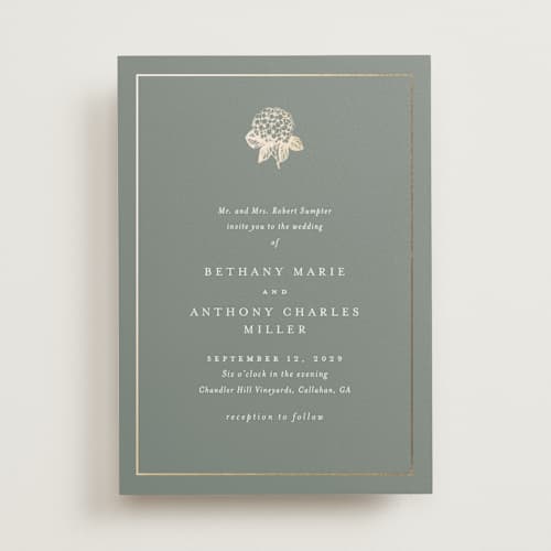 This is a rosemary foil stamped wedding invitations with foil pressed by Stacey Meacham called hydrangea bloom printing on signature in standard