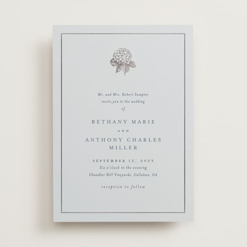 This is a sky foil stamped wedding invitations with foil pressed by Stacey Meacham called hydrangea bloom printing on signature in standard