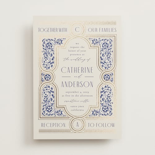 This is a dynasty blue foil stamped wedding invitations with foil pressed by Ana de Sousa called tiled romance printing on signature in standard