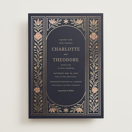 This is a navy foil stamped wedding invitations with foil pressed by Jess Rosa Beck called botanical tapestry printing on signature in standard