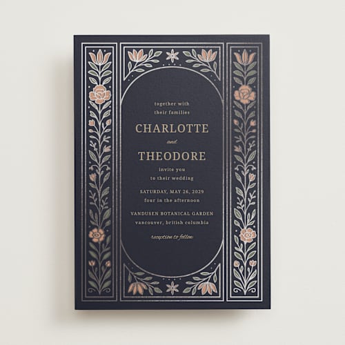 This is a navy foil stamped wedding invitations with foil pressed by Jess Rosa Beck called botanical tapestry printing on signature in standard