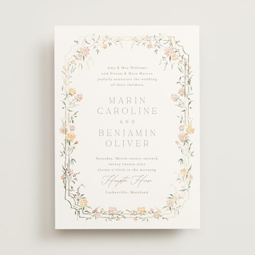 This is a golden summer foil stamped wedding invitations with foil pressed by Erin L. Wilson called victorian trellis printing on signature in standard